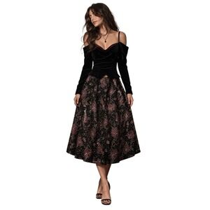 Jessica McClintock Burgundy Black Velvet Dress 14 Off Shoulder Floral Sequin VTG